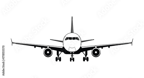 Front view of a commercial passenger airplane in simple black and white