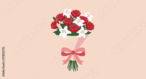 A beautifully rendered flat design illustration of a classic romantic floral bouquet featuring red roses and white lilies, tied with a pink ribbon. 