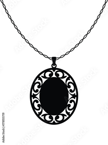 Black ornate circular pendant on a delicate silver chain