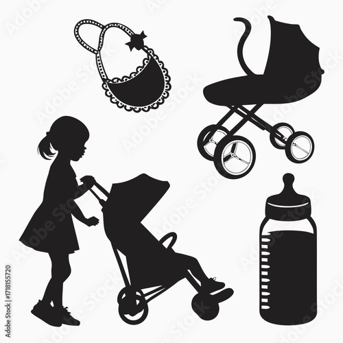 Girl with stroller bib and baby bottle silhouette Keywords: girl, child, toddler, silhouette