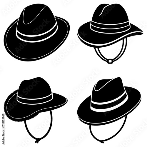 Collection of four black hats with white bands and chin straps in various styles and orientations
