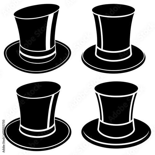 Illustration of four black top hats with white accents arranged in a square pattern on white background