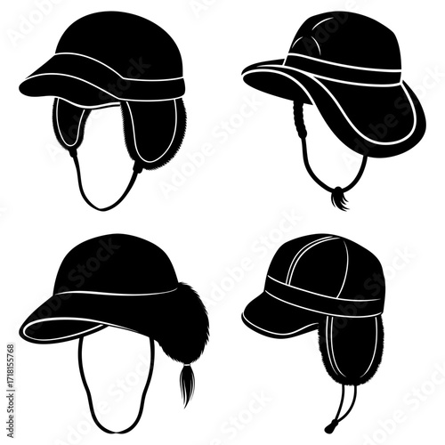Illustration of four different black winter hats with ear flaps and adjustable straps on a white background