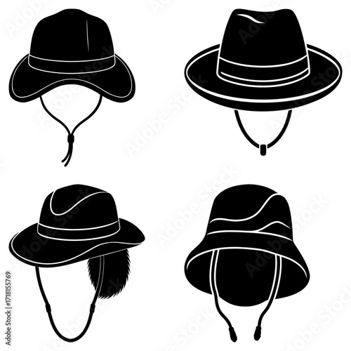 Illustration of four different types of hats with chin straps in black and white silhouette style design