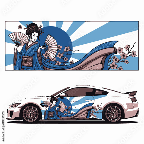 A striking car wrap design featuring a traditional Japanese geisha with cherry blossoms and a rising sun motif.