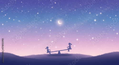 Two girls on a seesaw under a starry sky with a crescent moon at twilight