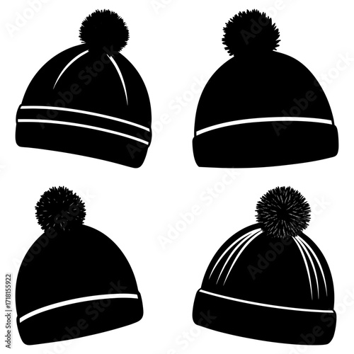 Four black winter hats with pom poms and white stripes in varying styles on a white background are shown