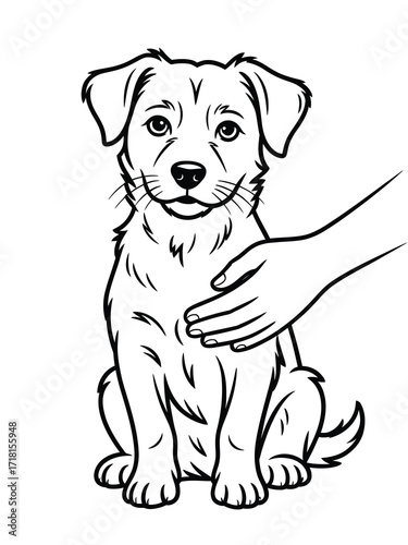 Line art illustration of a cute puppy being pet by a hand