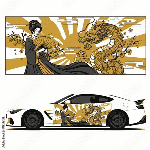 Japanese geisha and golden dragon illustration with cherry blossoms and rising sun motif, applied as a car decal on a white sports car.