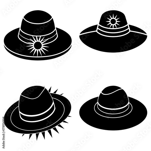 Four black and white illustrations of sun hats with decorative bands and sunburst designs on the hats