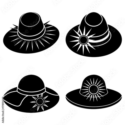 Four black sun hats with wide brims and decorative bands in a simple graphic vector illustration style