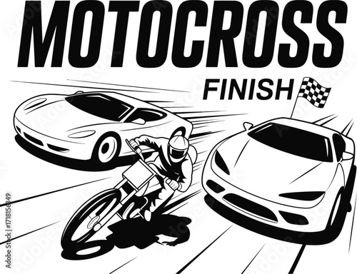 Motocross Race Finish Line With Rider and Cars