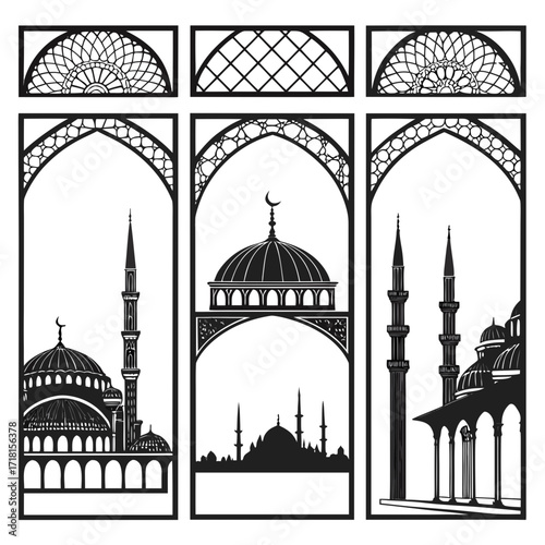 Islamic architectural panels with mosques and geometric designs