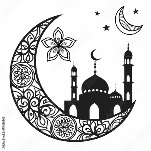 Islamic Crescent Moon With Mosque Stars And Flowers Keywords: Islamic, crescent moon, mosque