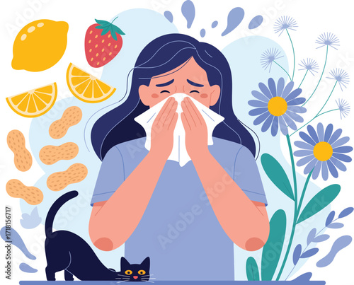 Digital illustration depicting a person experiencing severe allergic reactions, sneezing into a tissue, with common triggers like pollen, peanuts, strawberries, citrus, and a cat surrounding them