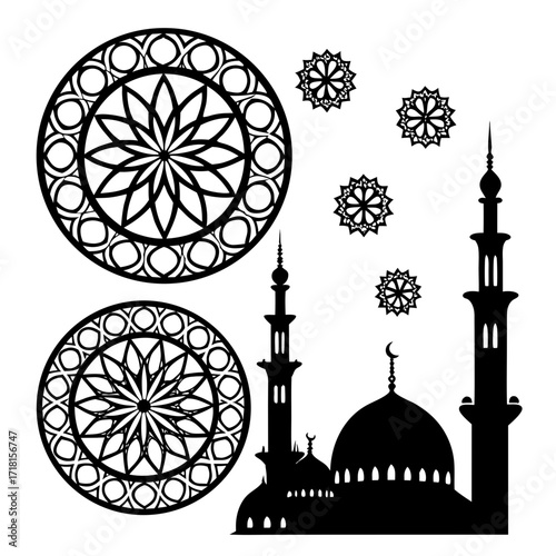 Islamic Geometric Mandalas and Mosque Silhouette Keywords: islam, islamic, geometric, pattern