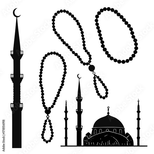 Islamic Mosque Elements and Prayer Beads Silhouette Collection Keywords: islam, mosque, prayer