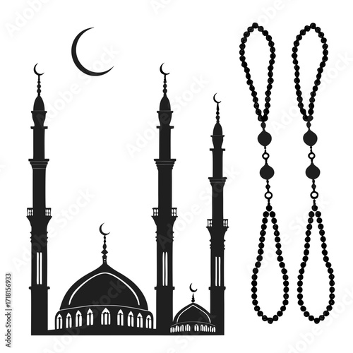 Islamic Mosque Silhouette Crescent Moon and Prayer Beads Keywords: islamic mosque, silhouette