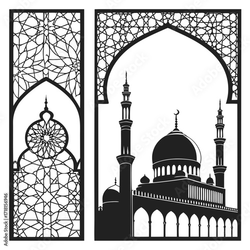 Islamic mosque silhouette with detailed geometric window and arches