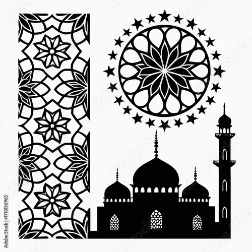 Islamic mosque silhouette with geometric patterns and border