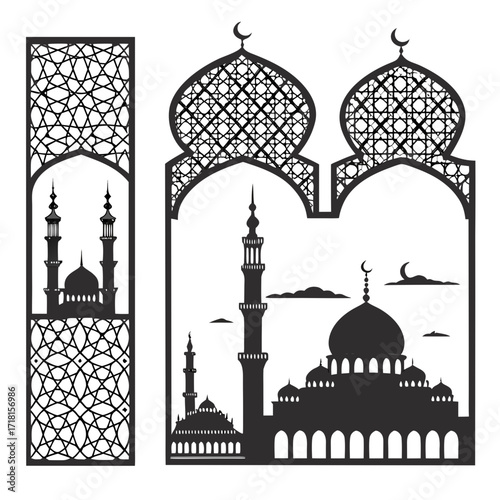 Islamic mosque silhouette with geometric patterns and crescent moon