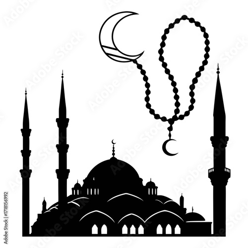 Islamic Mosque Silhouette with Prayer Beads and Crescent Moon Keywords: islam, mosque, prayer