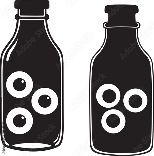 Two halloween bottles with eyeballs silhouette