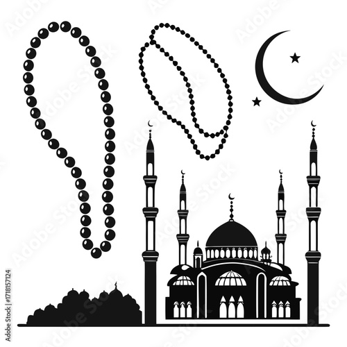 Islamic Mosque, Prayer Beads, Crescent Moon and Stars Silhouettes
