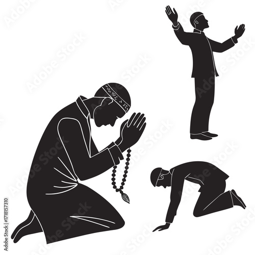 Islamic prayer poses with raised hands and prostration Keywords: islam, muslim, man, prayer