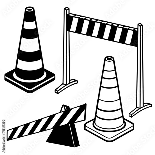 Isometric Construction Cones and Barriers on White Background
