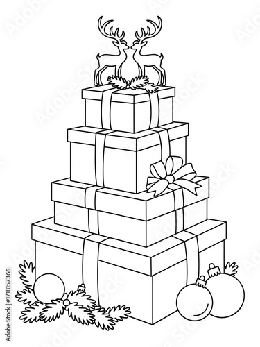 Christmas gift boxes stacked high with reindeer and ornaments