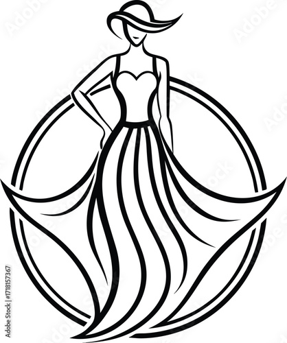Elegant Woman in Flowing Gown A Striking Fashion Illustration with Minimalist Design and Timeless Appeal within a Circular Frame