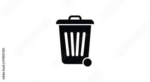 Simple black and white illustration of a wastebasket with a lid