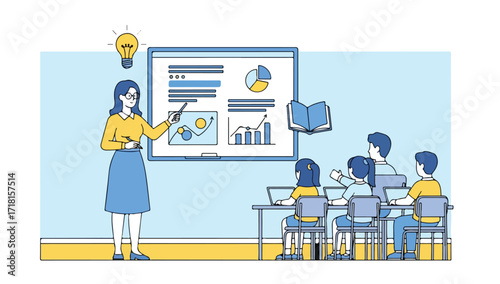 Female teacher presenting data on a whiteboard to students in a classroom setting.