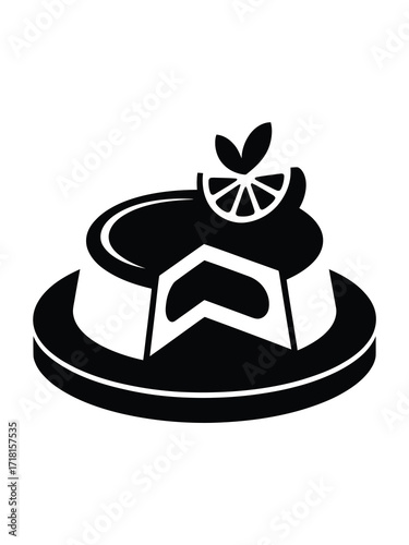 Black and white illustration of a sliced cake with citrus garnish