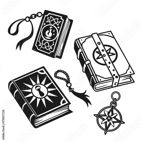Magical spell books and compass charm on white background Keywords: book, spell book, magic