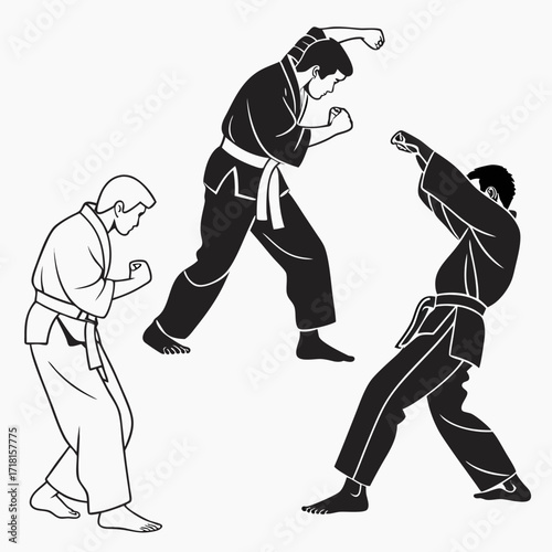 Martial artists practicing combat stances in silhouette
