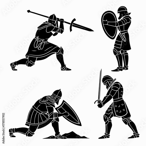 Medieval knights in combat silhouettes with swords and shields