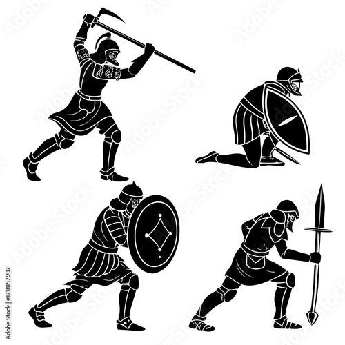 Medieval warriors in action silhouettes with weapons and shields