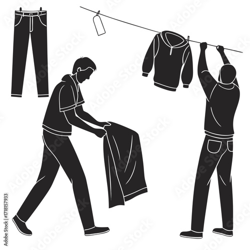 Men hanging clothes on a clothesline people silhouettes