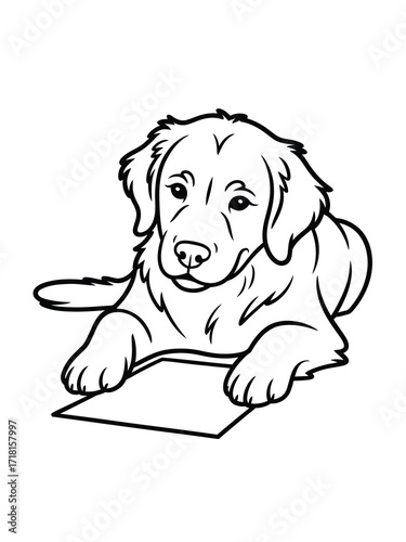 Golden retriever dog lying down with a blank piece of paper