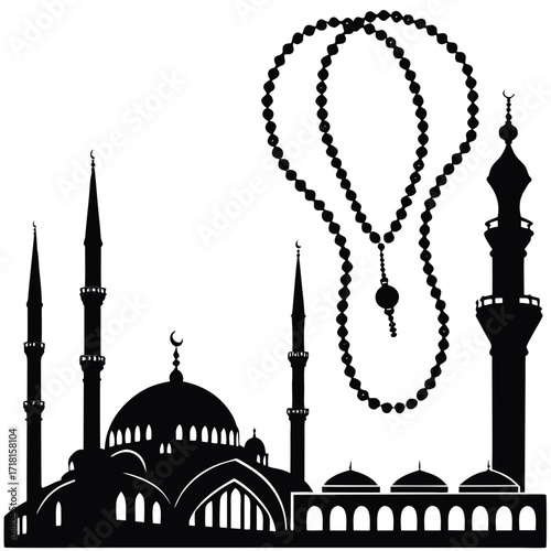 Mosque silhouette with hanging prayer beads rosary