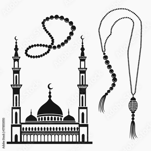 Mosque Silhouette with Prayer Beads and Islamic Symbols