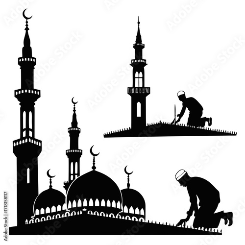 Mosque Silhouettes and Muslim Men in Prayer Poses Keywords: islam, prayer, muslim, man, mosque
