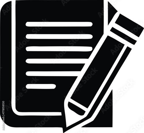 Iconic simple black and white drawing of a notebook page and pencil for writing and editing tasks