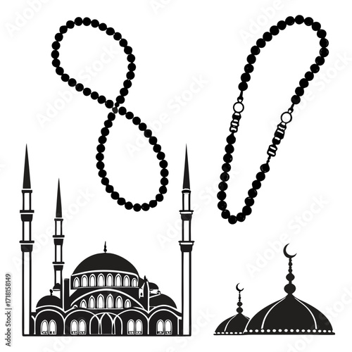Mosque Silhouettes and Two Prayer Bead Strands Islamic
