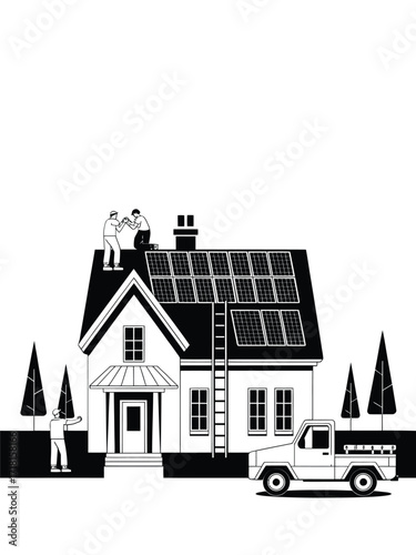 Workers install solar panels on a house roof with a truck nearby