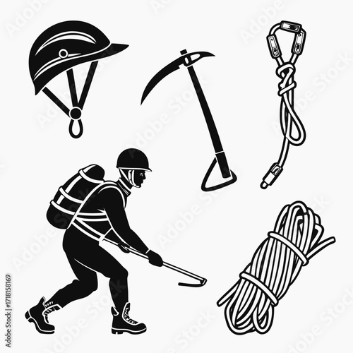 Mountaineering equipment and silhouette of a climber Keywords: climbing, mountaineering, ice axe