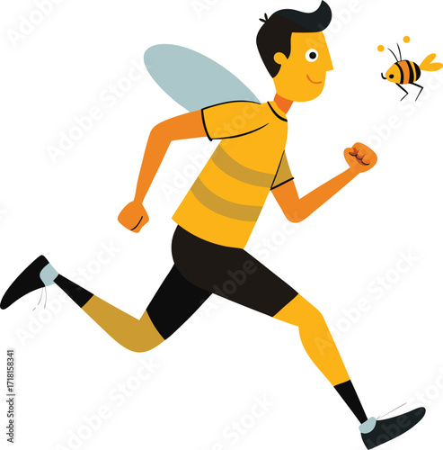 Man Dressed as a Bee Running Away from a Real Bee Illustration