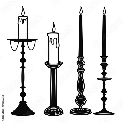 Ornate Candle Holders and Candles Silhouettes Keywords: candle, silhouette, candlestick, vintage